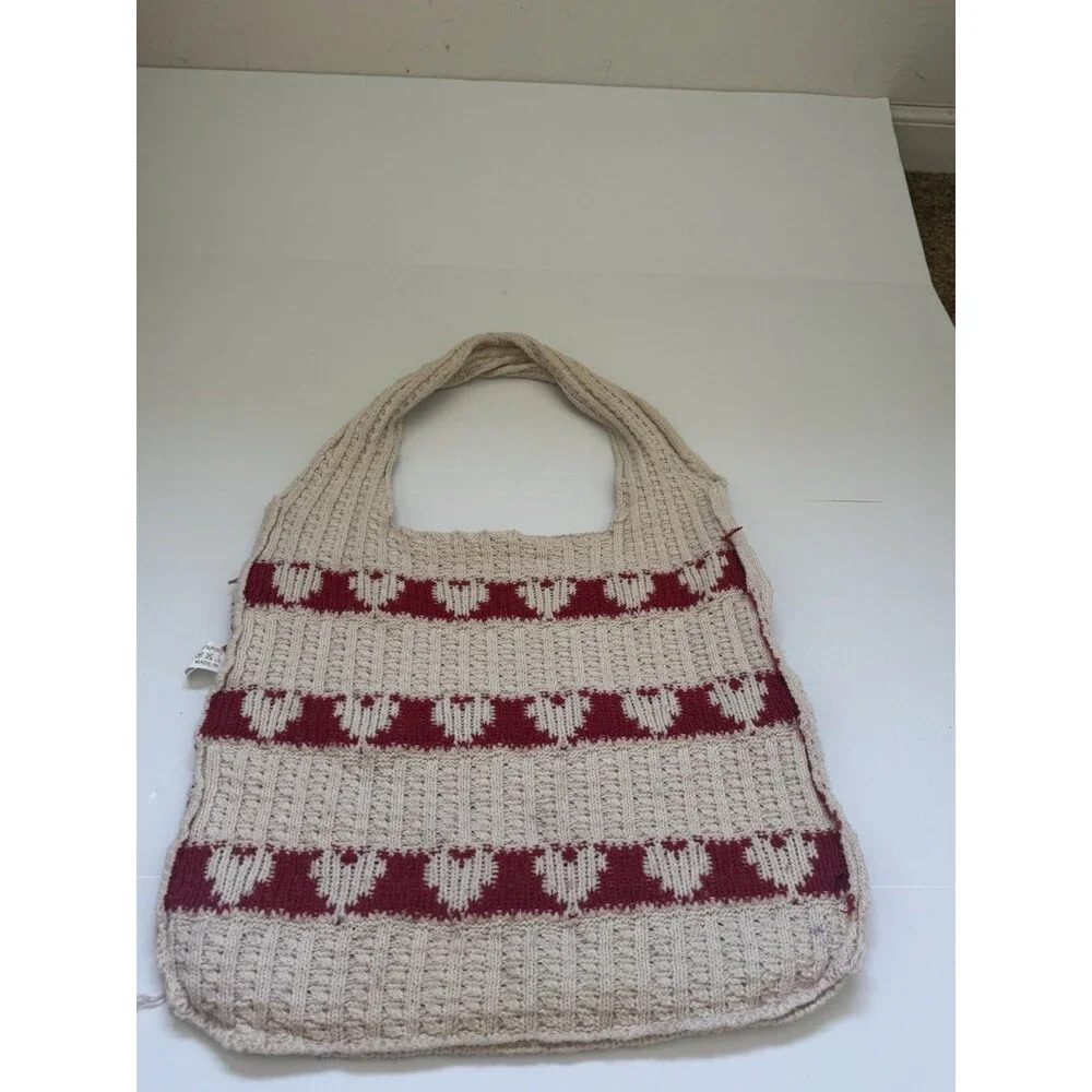 Heart Pattern Knit Tote Bag Cream Red Hearts Shoulder Bag  Casual